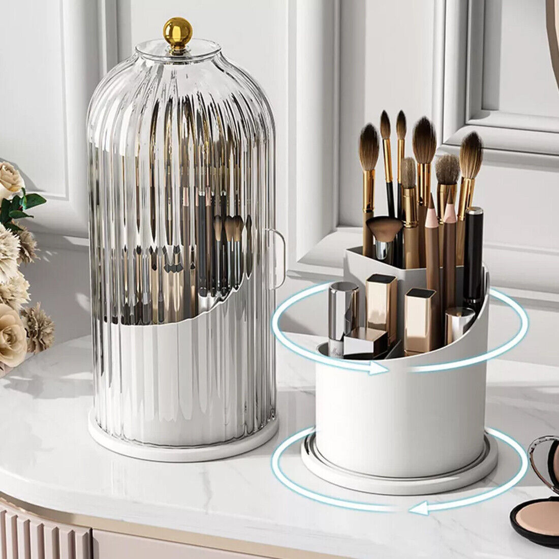 360  Rotating Makeup Brush Holder Storage Box Desktop Cosmetic Organizer W  Lid