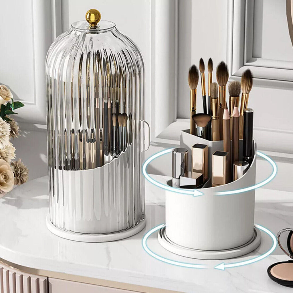 360  Rotating Makeup Brush Holder Storage Box Desktop Cosmetic Organizer W  Lid